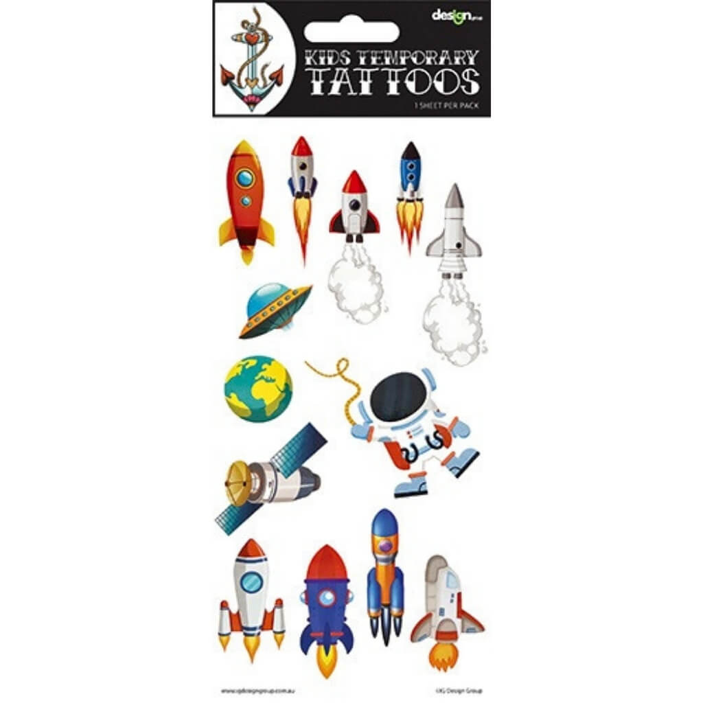 Space adventure temporary tattoos sheet with rockets and astronauts
