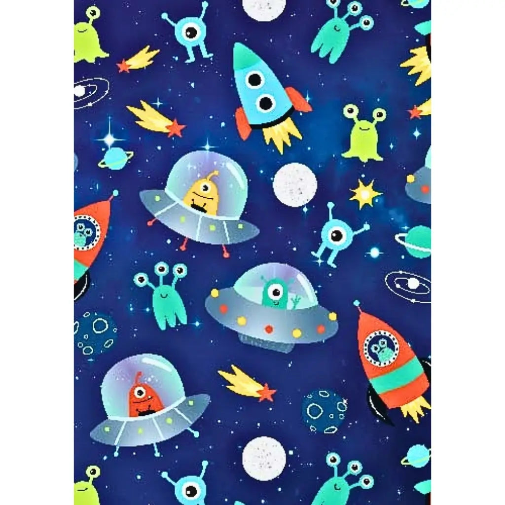 Space alien wrapping paper with rockets and UFOs