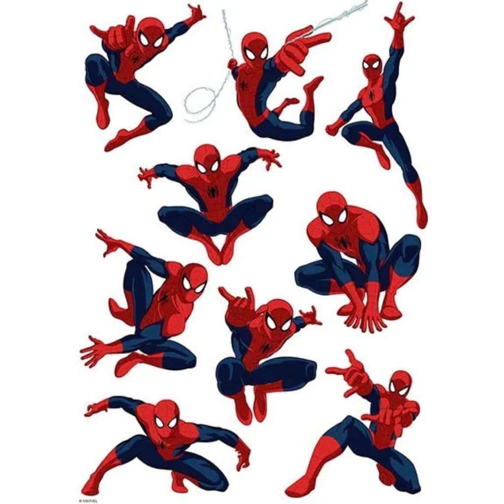 Marvel Spider-Man A4 edible character sheet featuring nine different Spider-Man poses.
