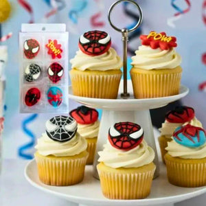 Pack of 6 Spider-Man sugar cake decorations for birthday cakes and cupcakes.