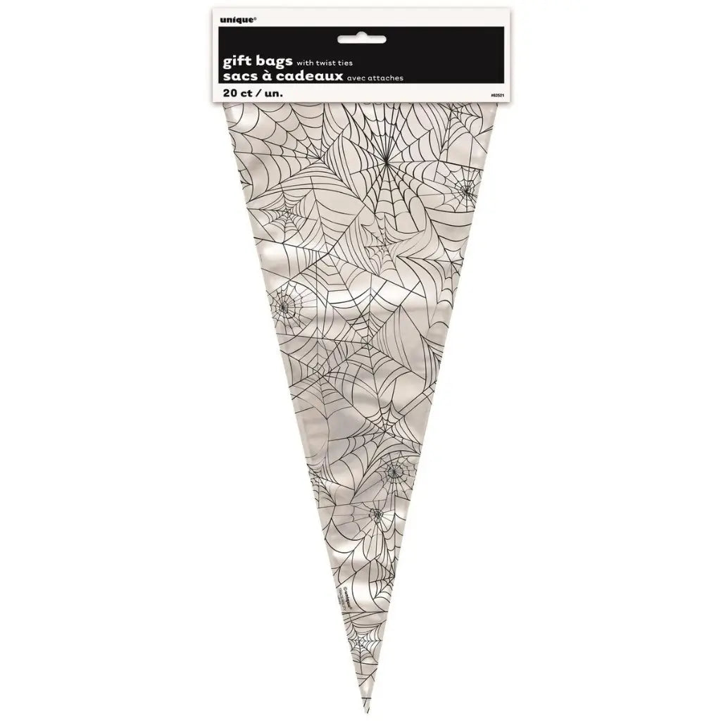 Clear Halloween party bags printed with overlapping black spider webs