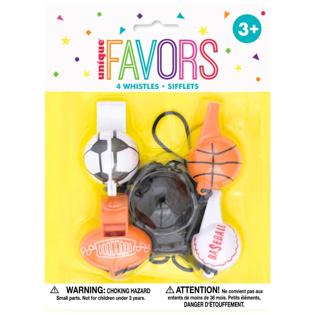 Sport Ball Whistles 4pk kids sports birthday party favours