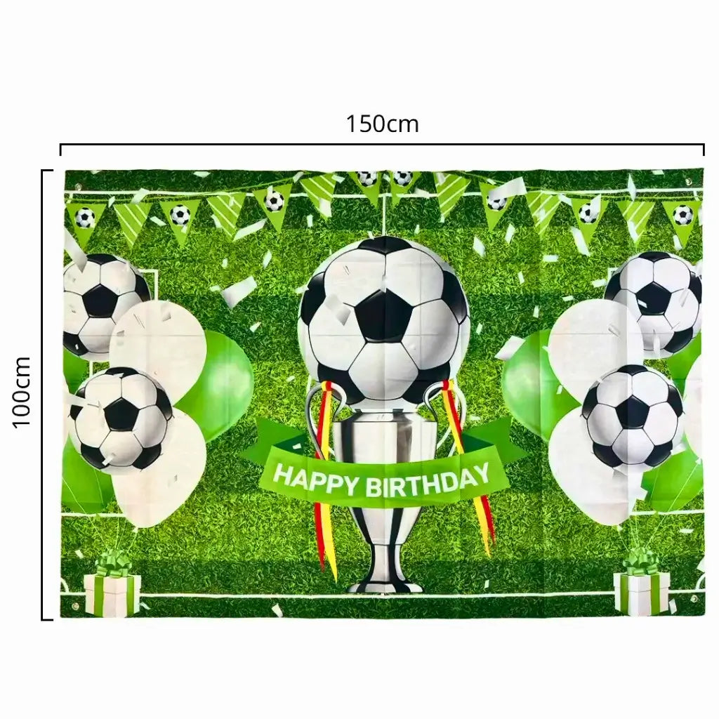 Football theme birthday banner with trophy and balloons