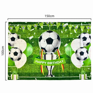 Football theme birthday banner with trophy and balloons