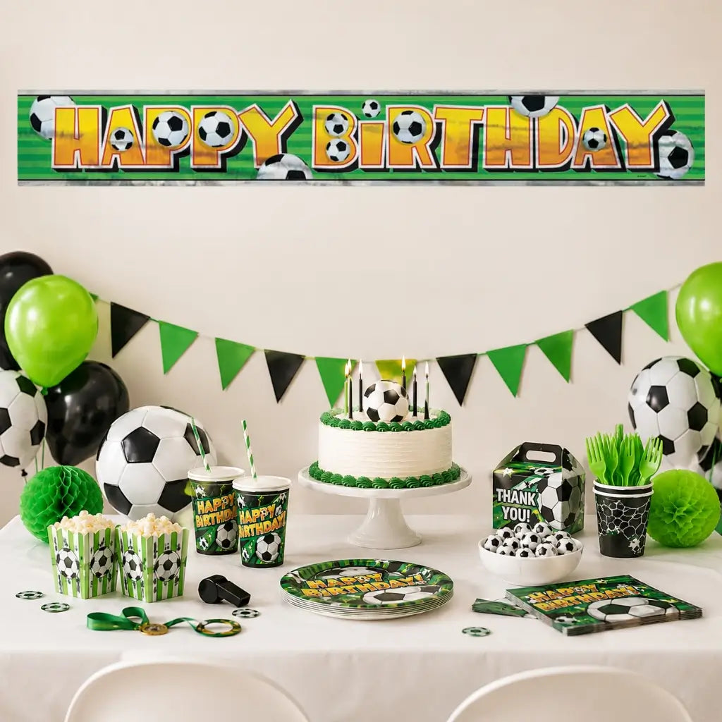Soccer birthday party banner with football graphics