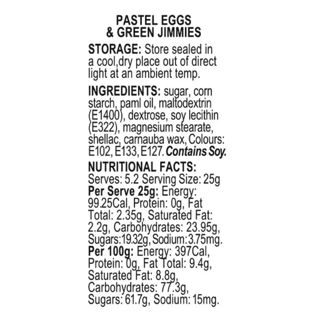 Green jimmies and pastel sugar eggs torage ingredients nutritional facts
