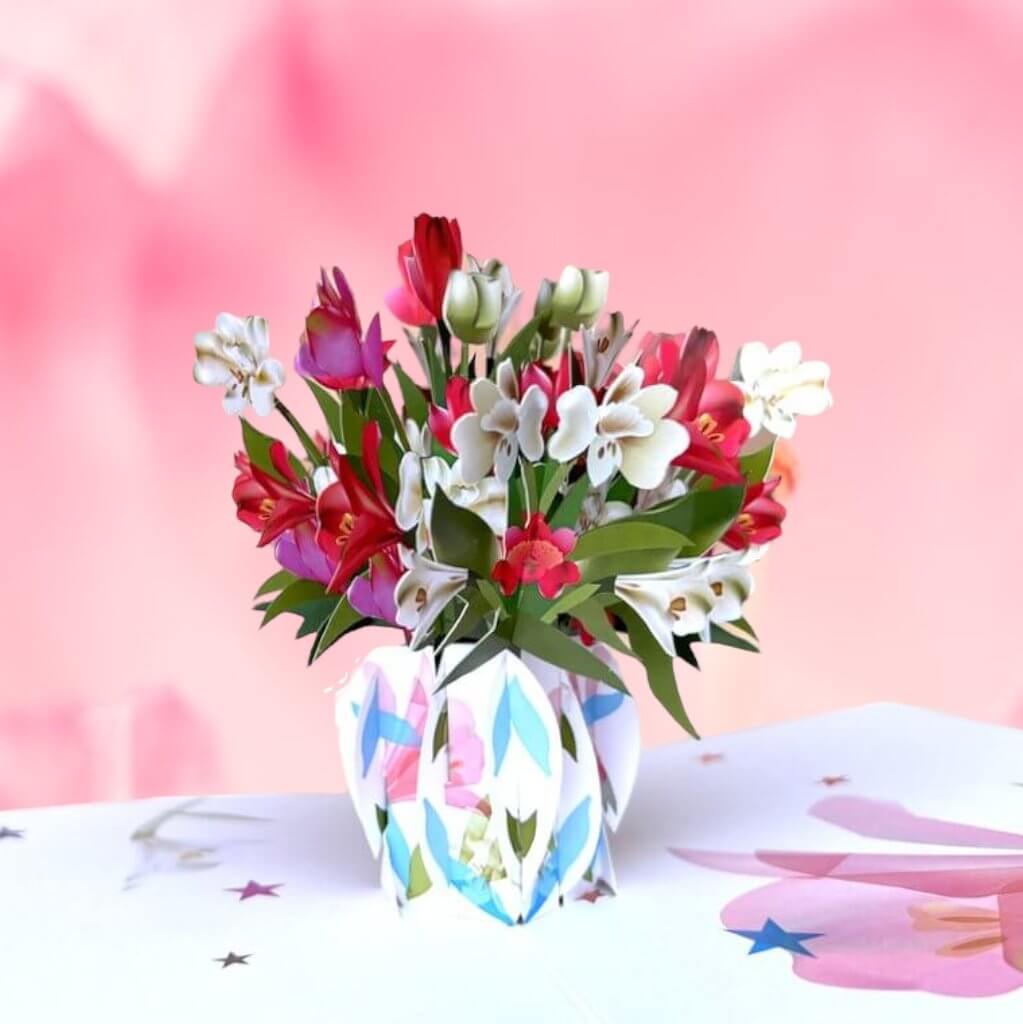 Colourful Daffodil Bouquet in Vase 3D Pop Up Greeting Card