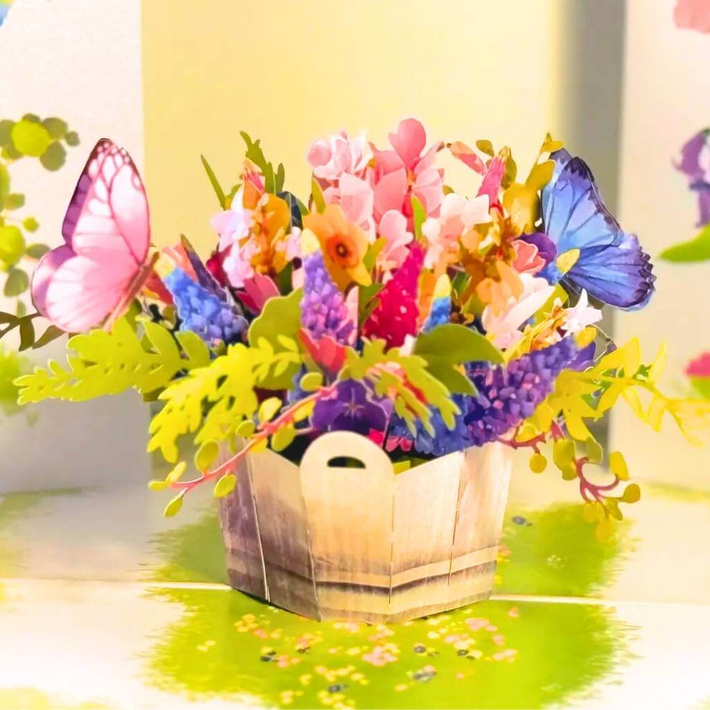 Spring Flowers in Bucket with Butterflies 3D Pop Up Greeting Card