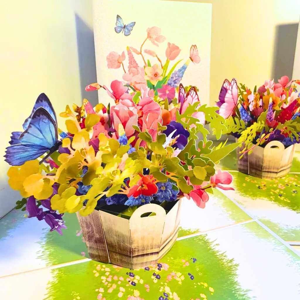 Spring Flowers in Bucket with Butterflies 3D Pop Up Greeting Card