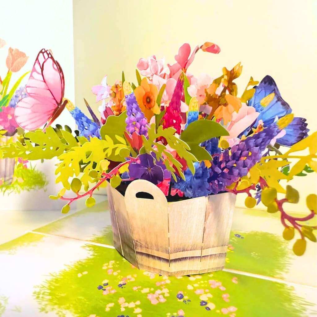 Spring Flowers in Bucket with Butterflies 3D Pop Up Greeting Card