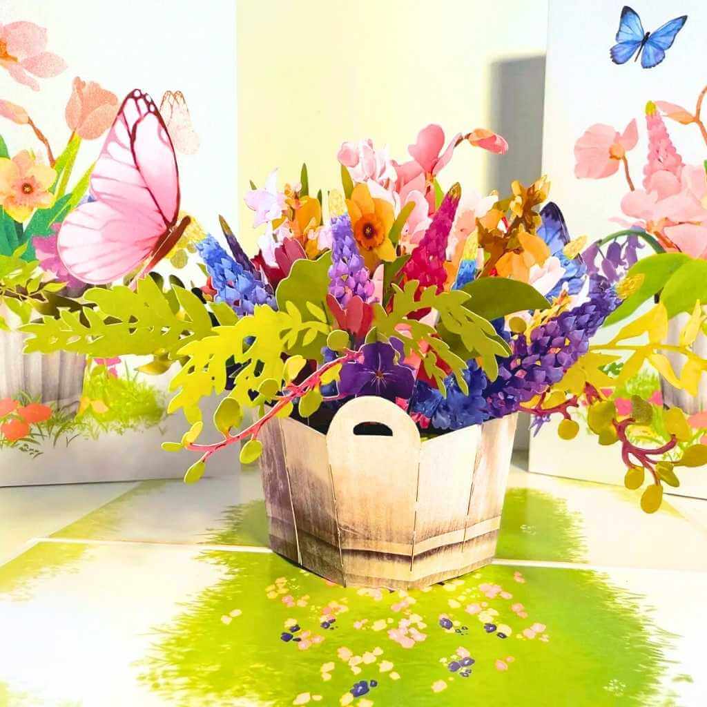 Spring Flowers in Bucket with Butterflies 3D Pop Up Greeting Card