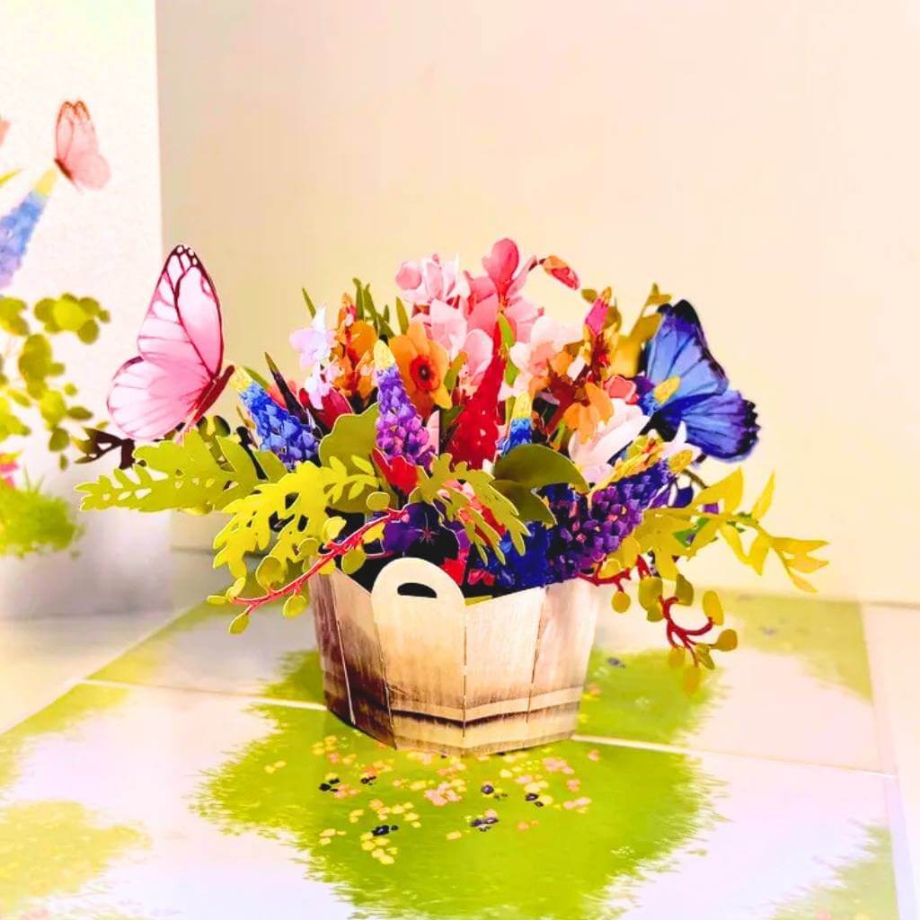 Spring Flowers in Bucket with Butterflies 3D Pop Up Greeting Card
