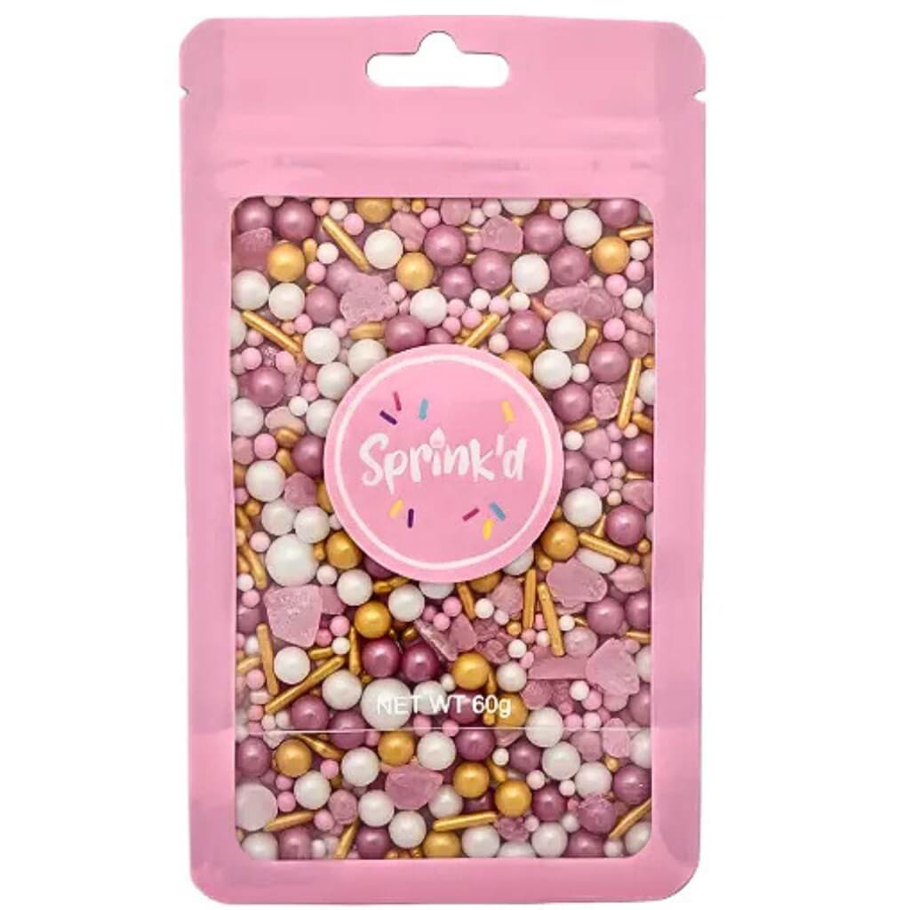60g resealable bag of Sprink’d Autumn Mix pink and gold sprinkles