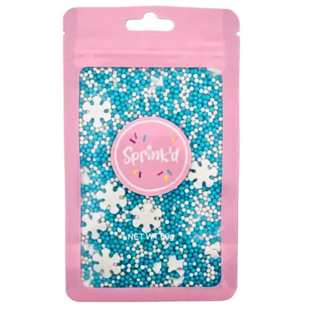 60g pouch of Sprink’d blue and white snowflake edible sprinkles