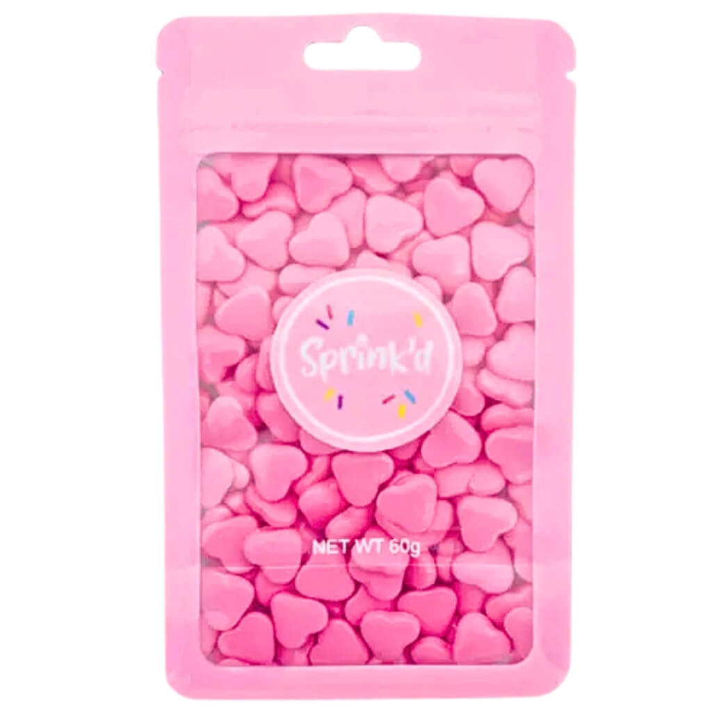60g pouch of Sprink’d 12mm bright pink heart-shaped sprinkles