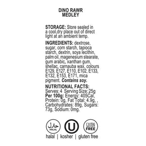 Dino Rawr Medley label with storage, ingredients, nutritional facts