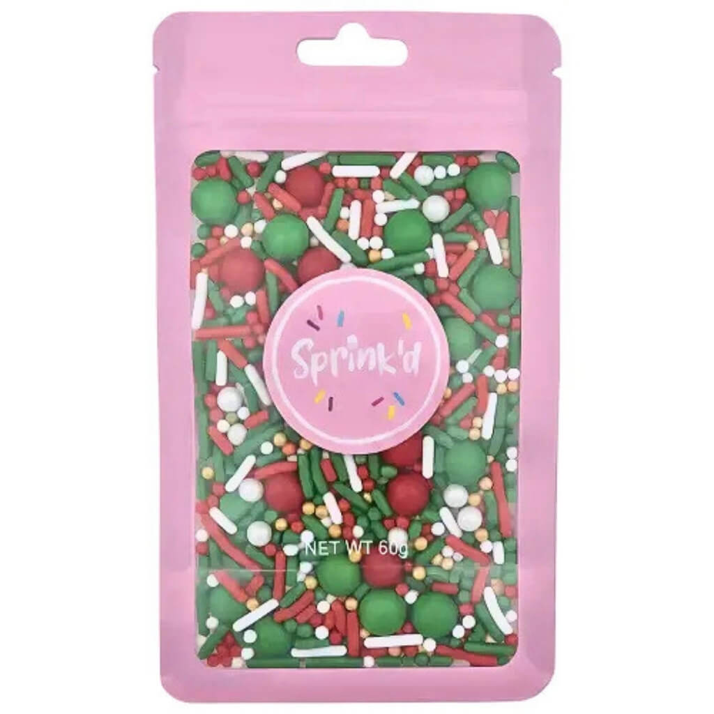Sprink'd Grinchmas Medley sprinkles in a 60g resealable pouch for Christmas baking.
