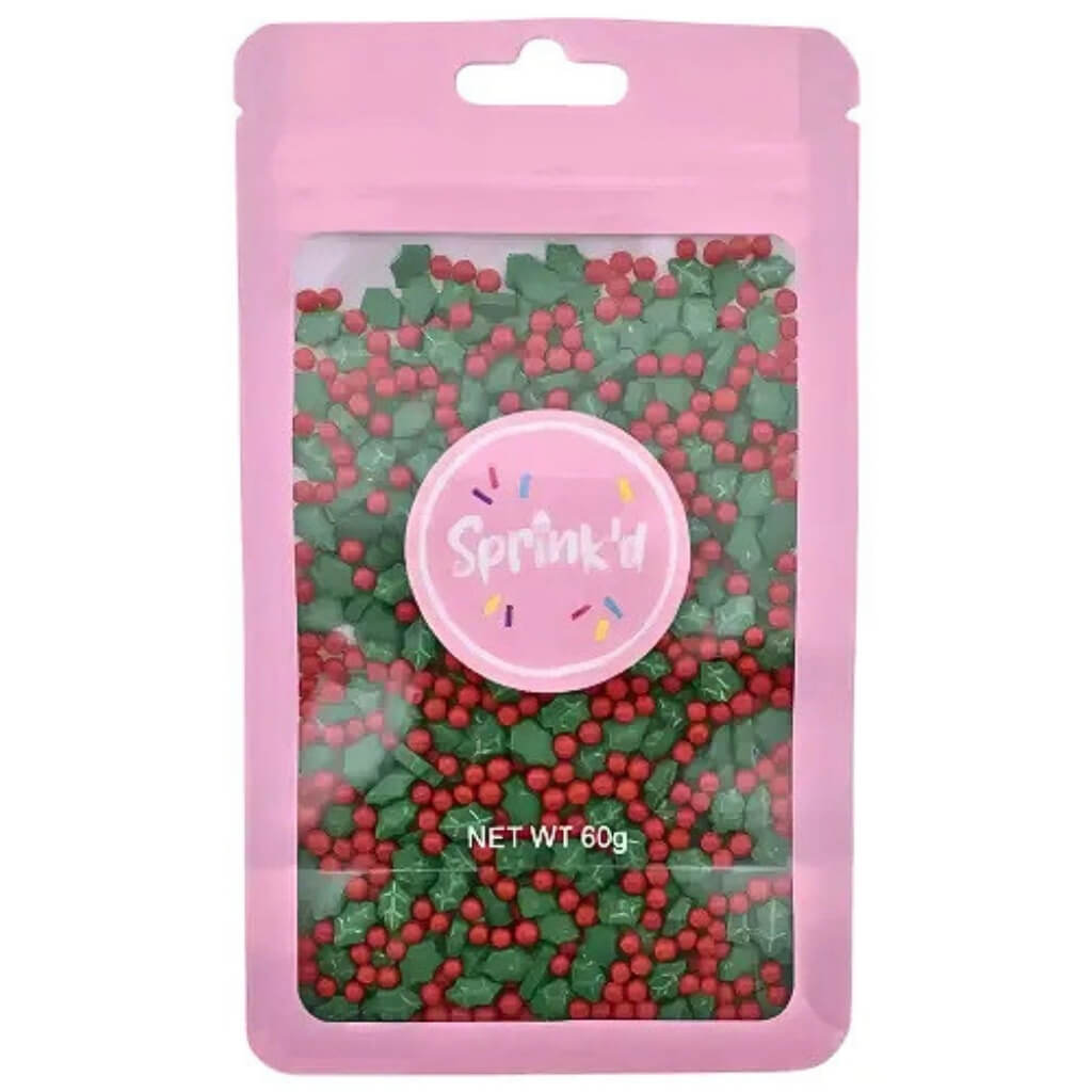 Sprink'd Holly & Berry sprinkles in a 60g resealable pouch for Christmas baking.