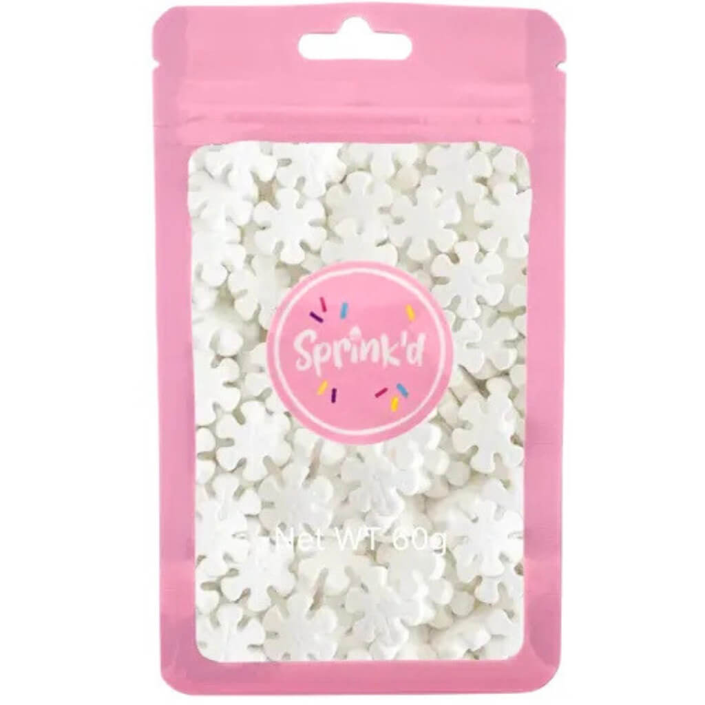 Sprink'd white 12mm snowflake sprinkles in a 60g resealable pouch for decorating Christmas cakes, Frozen-themed cupcakes, cookies and winter wonderland desserts.