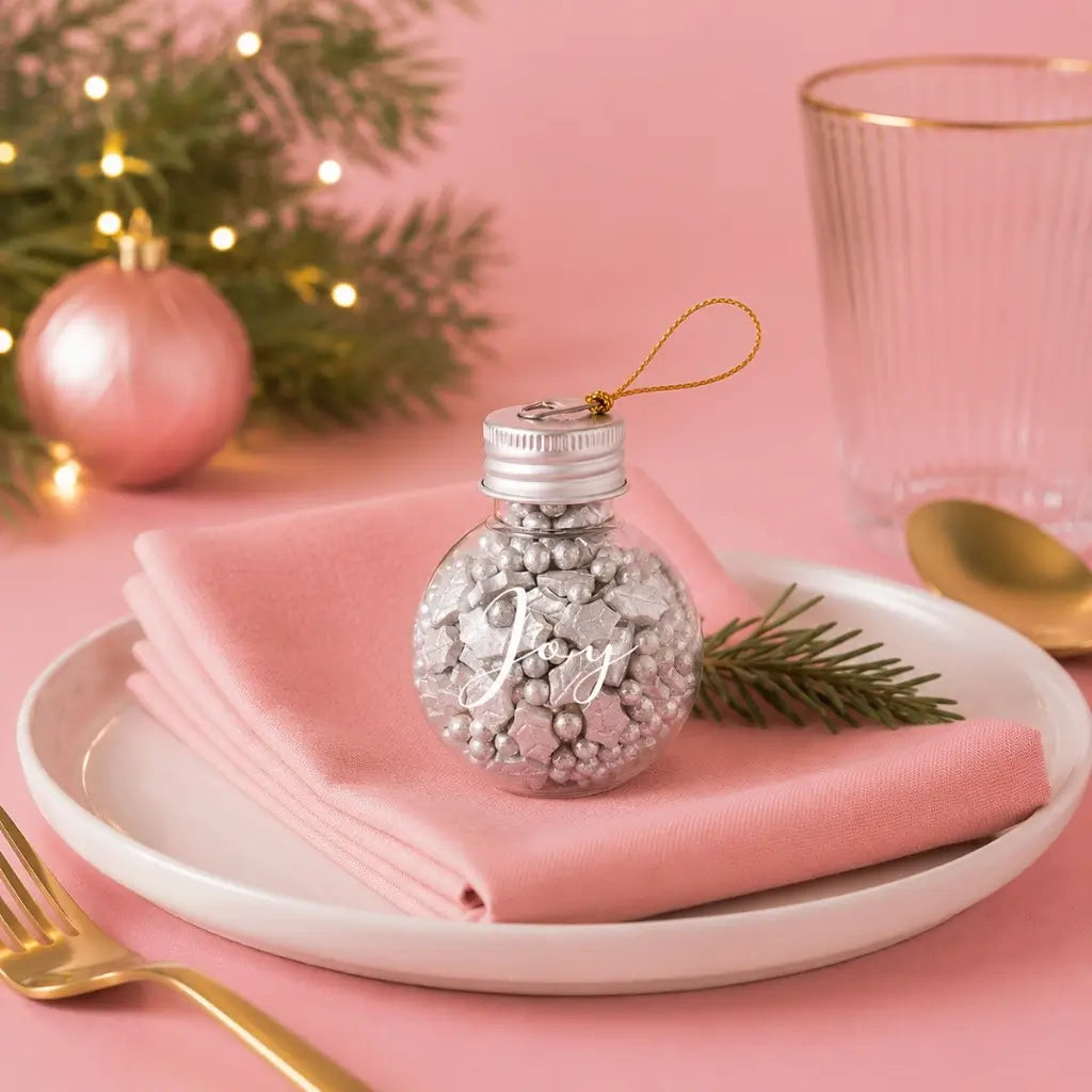 Sprinks Silver Noel Christmas sprinkles inside a glass JOY bauble