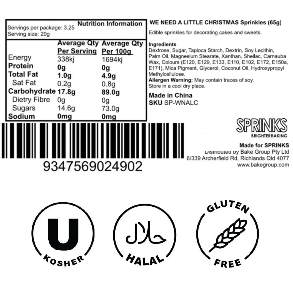 Sprinks festive sprinkle mix packaging with dietary and ingredient details ingredients