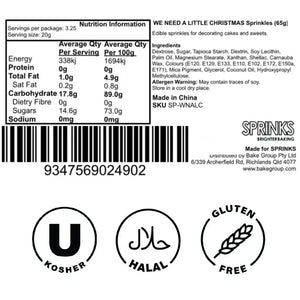 Sprinks festive sprinkle mix packaging with dietary and ingredient details ingredients