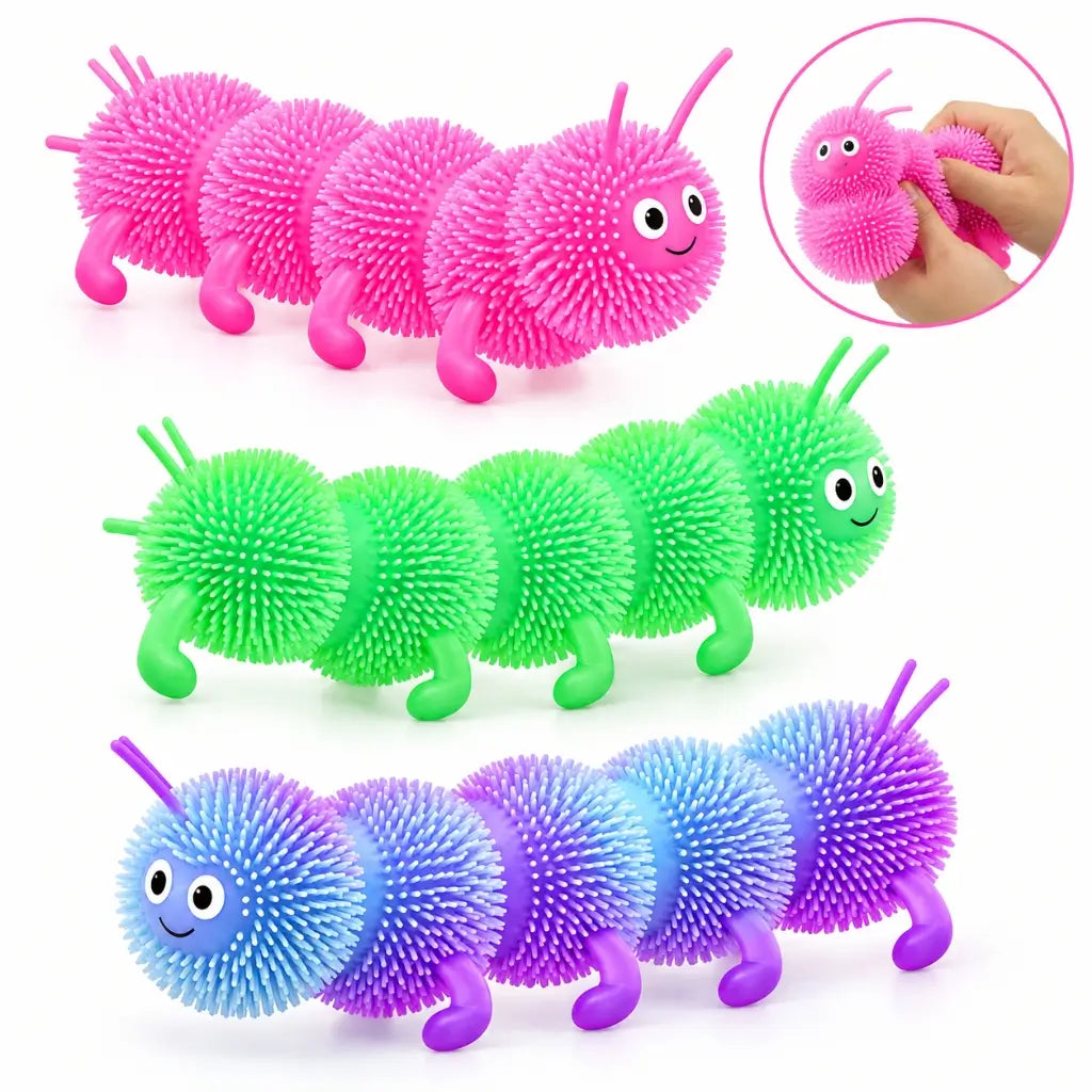 Pink green and blue-purple squeeze caterpillar sensory toys in assorted colours