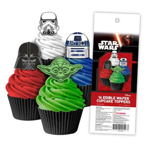 Star Wars edible wafer cupcake toppers featuring Darth Vader, Yoda, R2-D2 and Stormtrooper.