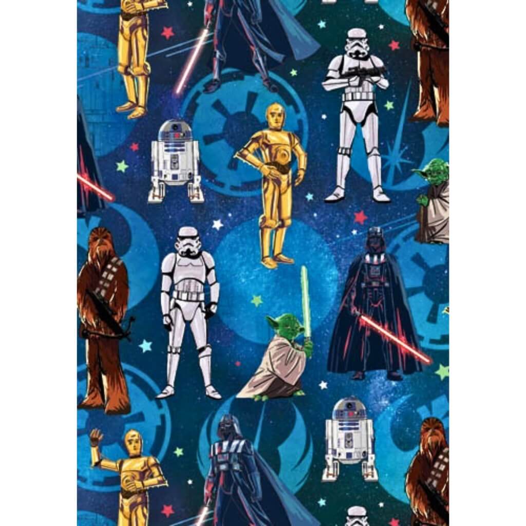 Official Star Wars folded gift wrap featuring Darth Vader, Yoda and Stormtroopers.