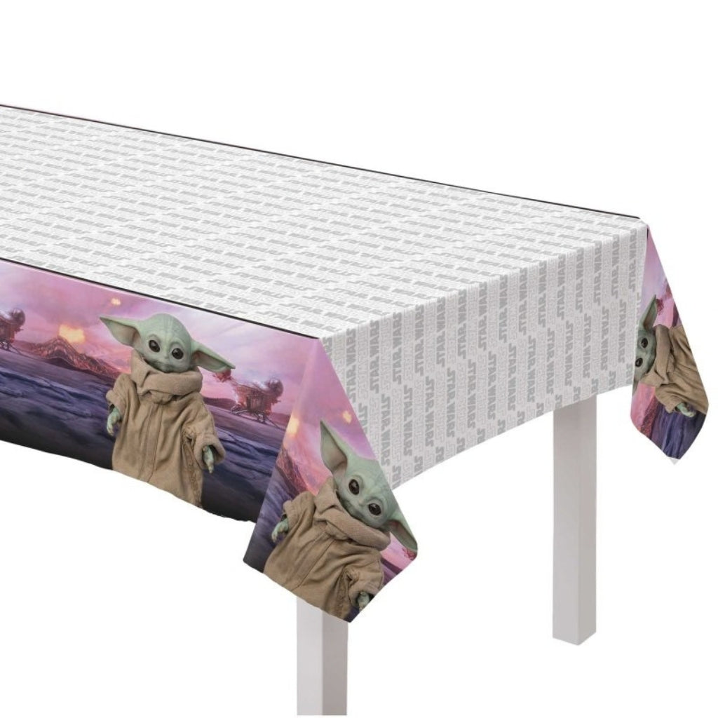 Star Wars Mandalorian Grogu paper tablecover displayed on a rectangular party table