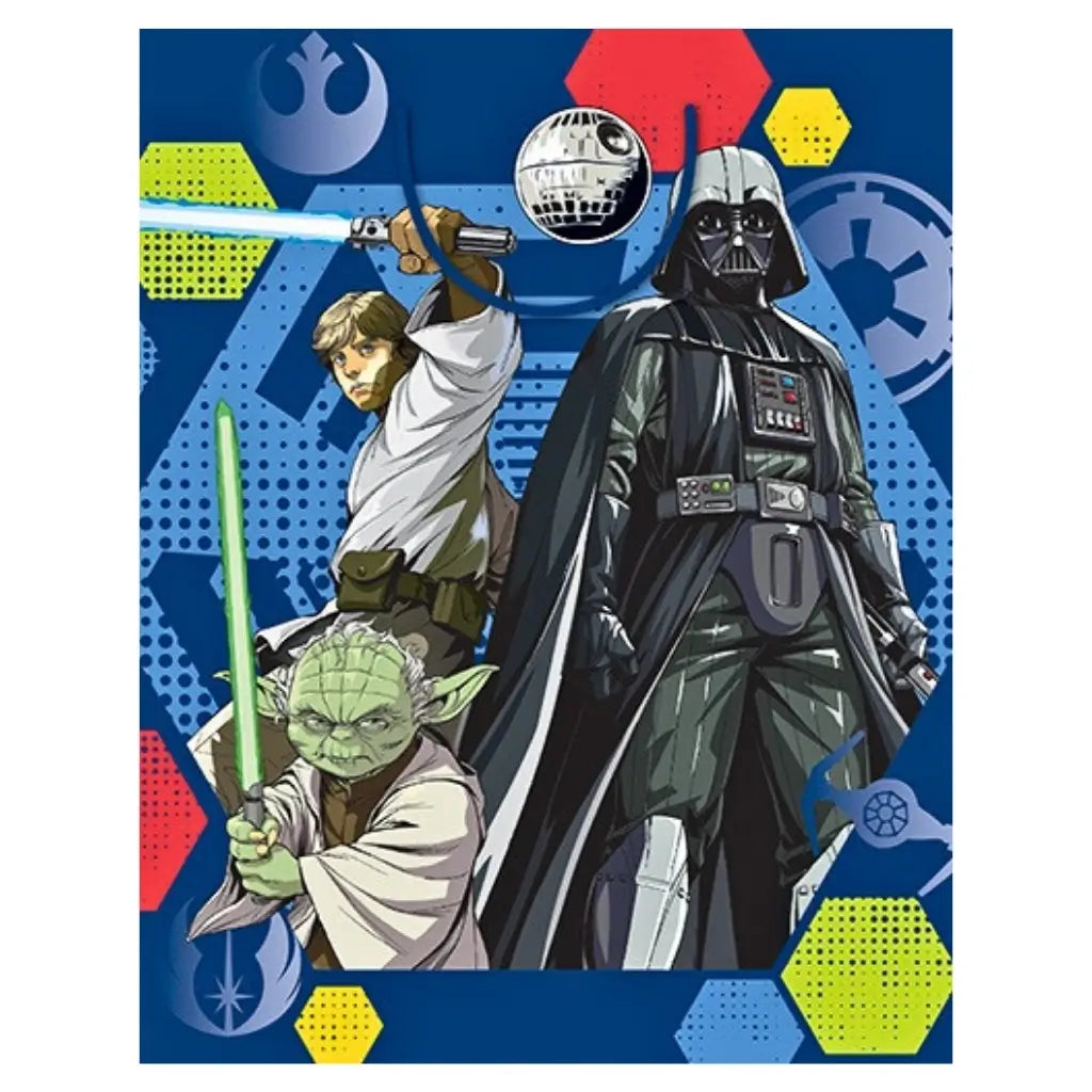 Official Star Wars Shapes medium gift bag featuring Darth Vader, Luke Skywalker, Yoda, the Death Star and iconic Star Wars symbols