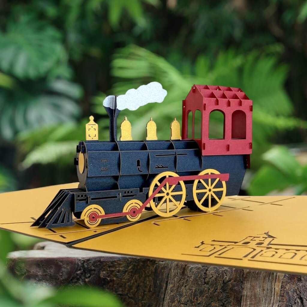 Steam Gold & Black Locomotive Train Pop Up Card - Black Cover