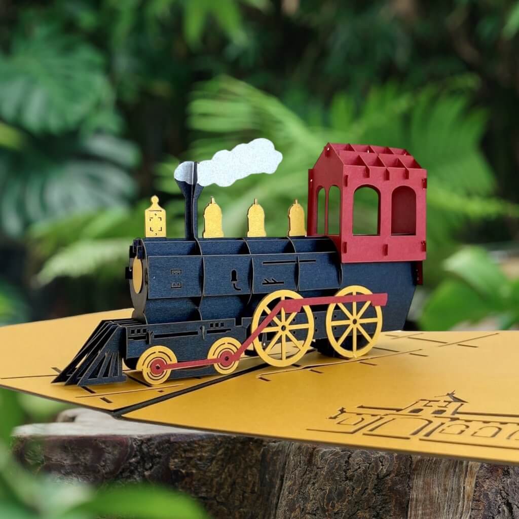 Handmade Gold & Black Steam Locomotive Pop Up Greeting Card - Pop Up Vehicle Cards