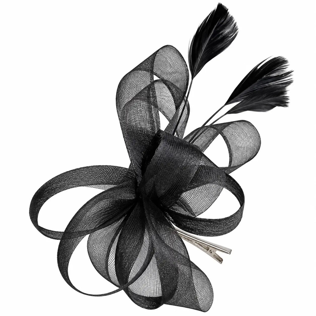 Stella black feather spray fascinator hair clip worn above the ear