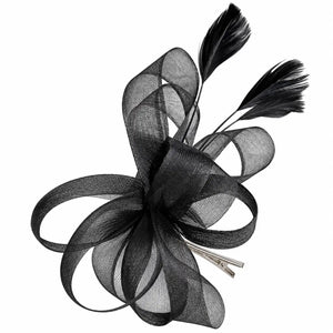 Stella black feather spray fascinator hair clip worn above the ear
