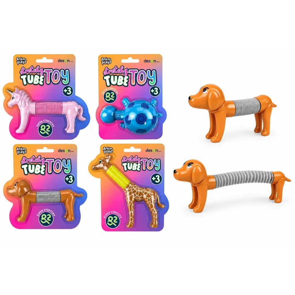 Stretchy animal tube toys in unicorn, turtle, sausage dog and giraffe designs