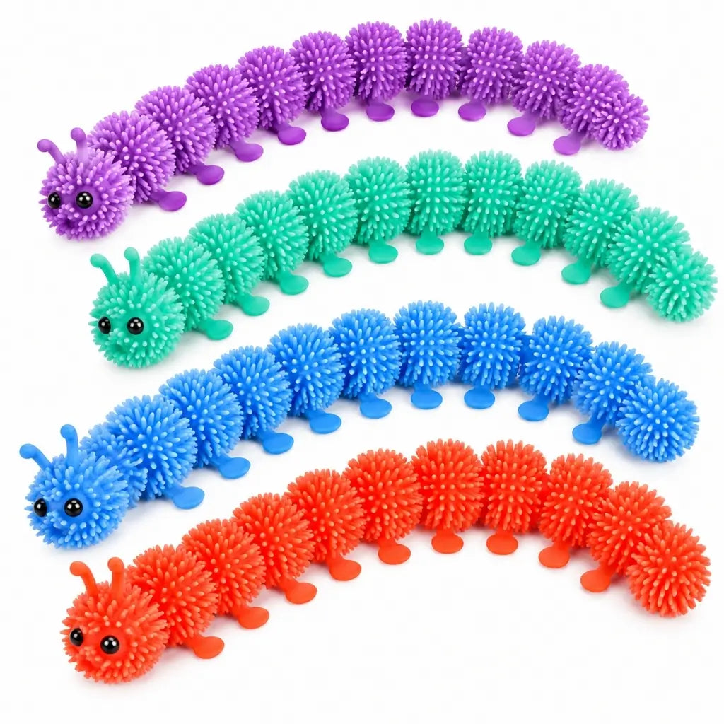 Pink green purple and blue stretchy caterpillar sensory toys