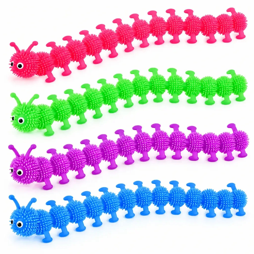 Pink green purple and blue stretchy caterpillar sensory toys