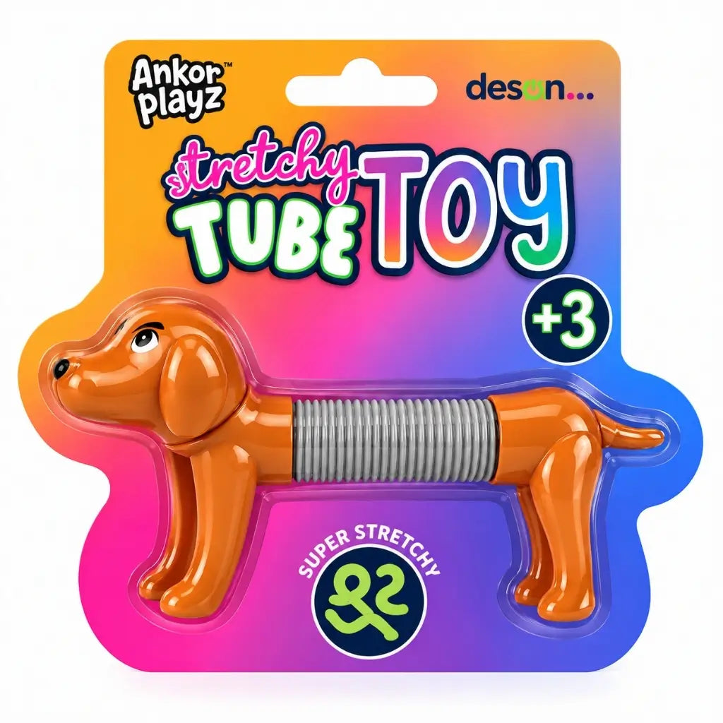 Sausage dog stretchy tube toy shown compressed and extended