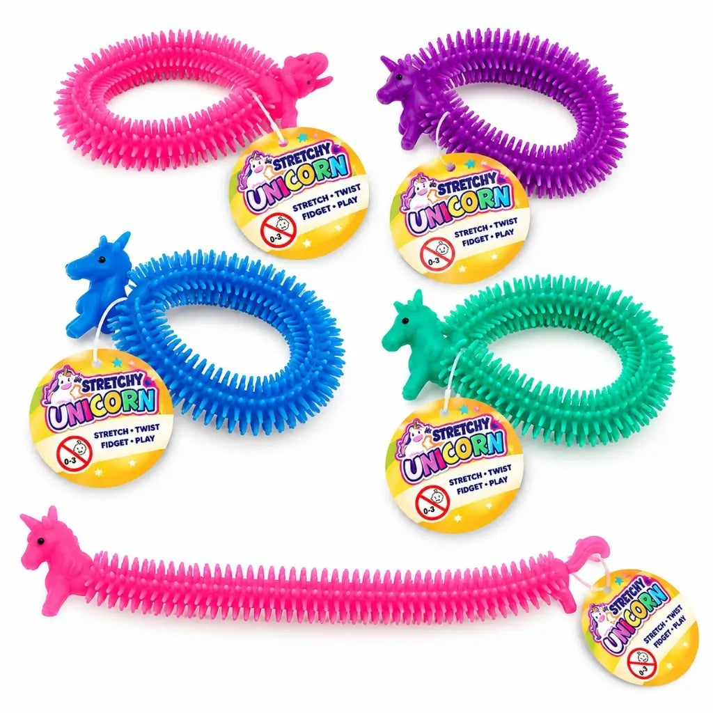 Stretchy unicorn sensory fidget toys in four assorted bright colours