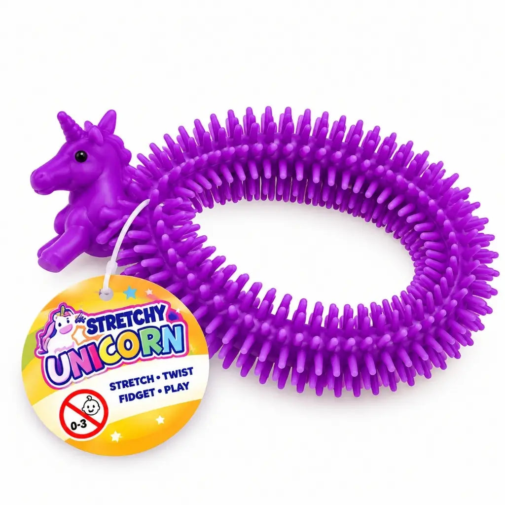 purple unicorn sensory toy shown stretched to display its flexible body