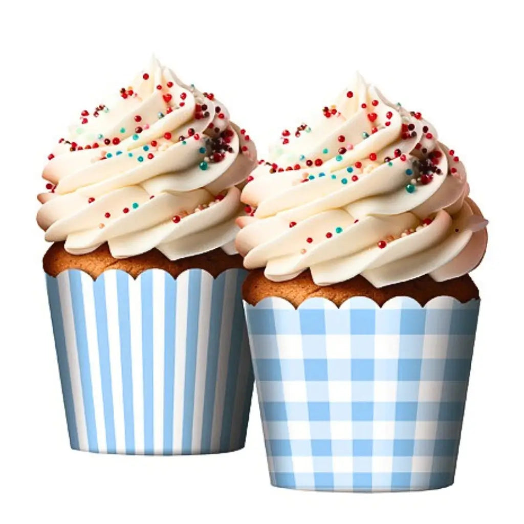 Blue and white paper cupcake baking cups, striped and gingham
