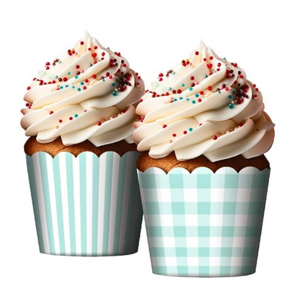Green and white striped and gingham cupcake baking cups