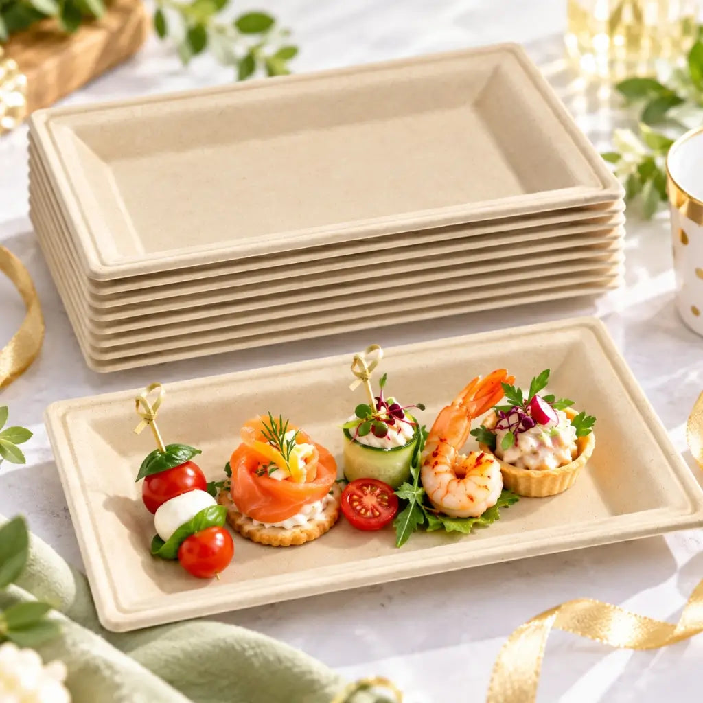 Natural sugarcane rectangular serving trays holding finger foods at a birthday party