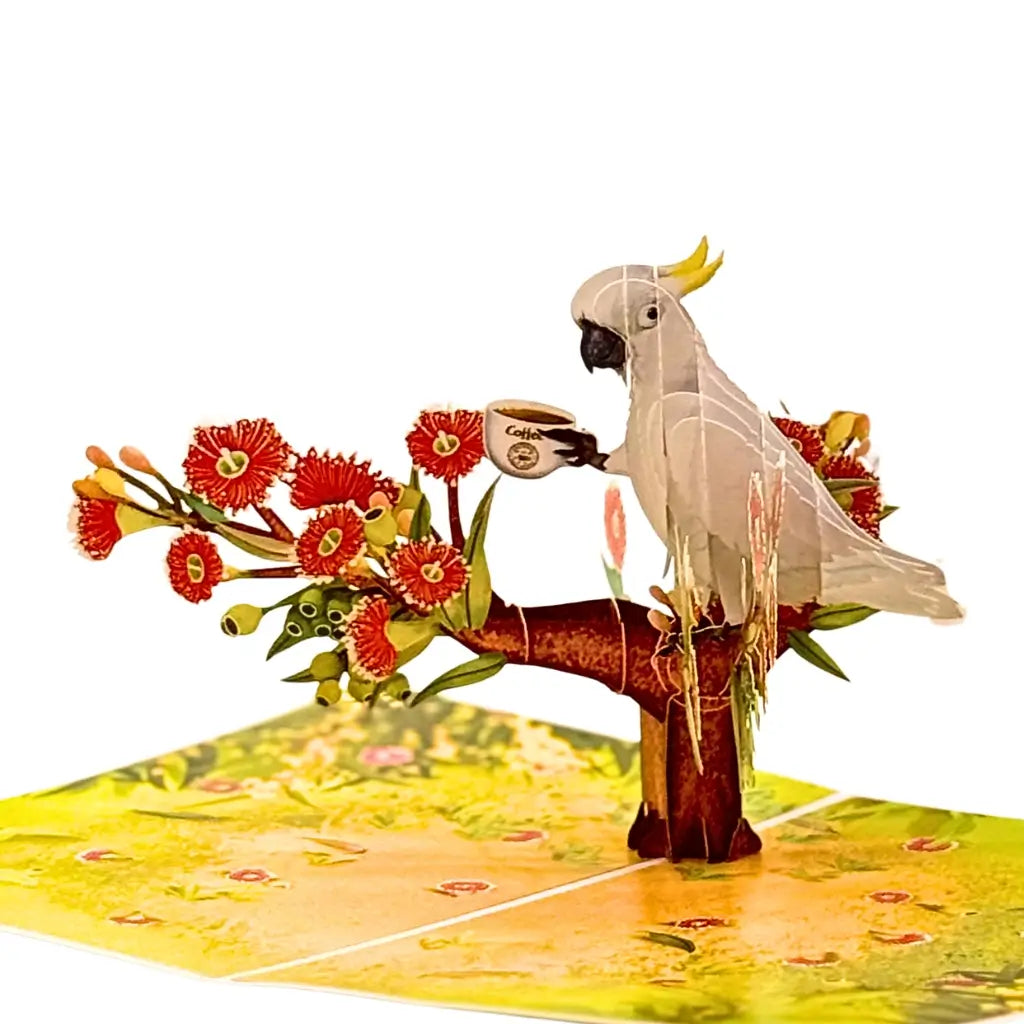 Sulphur-crested cockatoo 3D pop-up card holding coffee cup