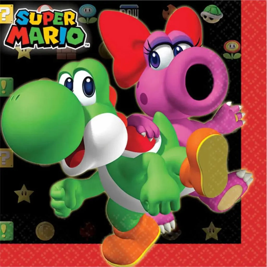 Super Mario Bros beverage napkins featuring Yoshi and Birdo with colourful Nintendo artwork, pack of 16 disposable paper cocktail serviettes for gaming birthday parties and celebrations.