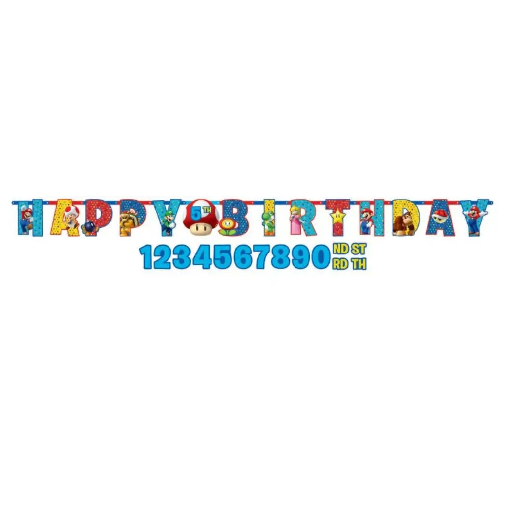 Super Mario Bros jumbo Add-An-Age Happy Birthday cardboard banner measuring 3.2 metres with customisable numbers and Super Mario characters for Nintendo gaming birthday party decorations.