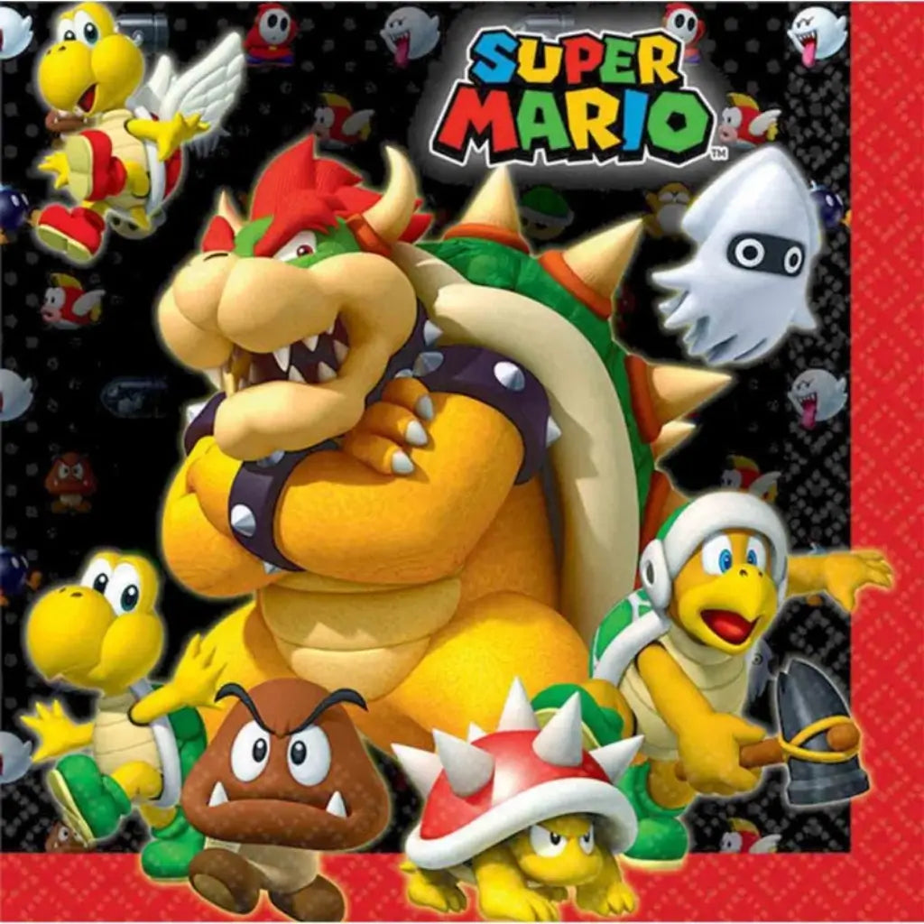 Super Mario Bros 33cm 2-ply lunch napkins featuring Bowser, Goomba, Koopa Troopa and other Nintendo characters, pack of 16 disposable party serviettes for gaming birthday celebrations.