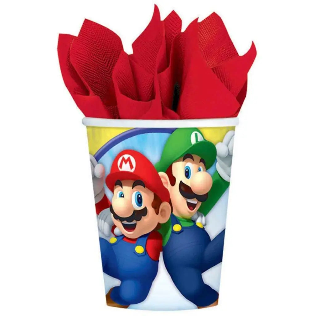 Super Mario Bros 266ml paper cups featuring Mario and Luigi, pack of 8 disposable party cups for Nintendo gaming birthday parties, celebrations and themed events.