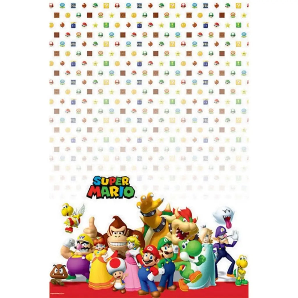 Super Mario Bros plastic tablecover measuring 1.37m x 2.43m featuring Mario, Luigi, Princess Peach, Yoshi, Bowser and friends for Nintendo gaming birthday party table decorations.